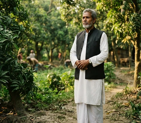A Rajshahi district representative standing thoughtfully in a green rural landscape